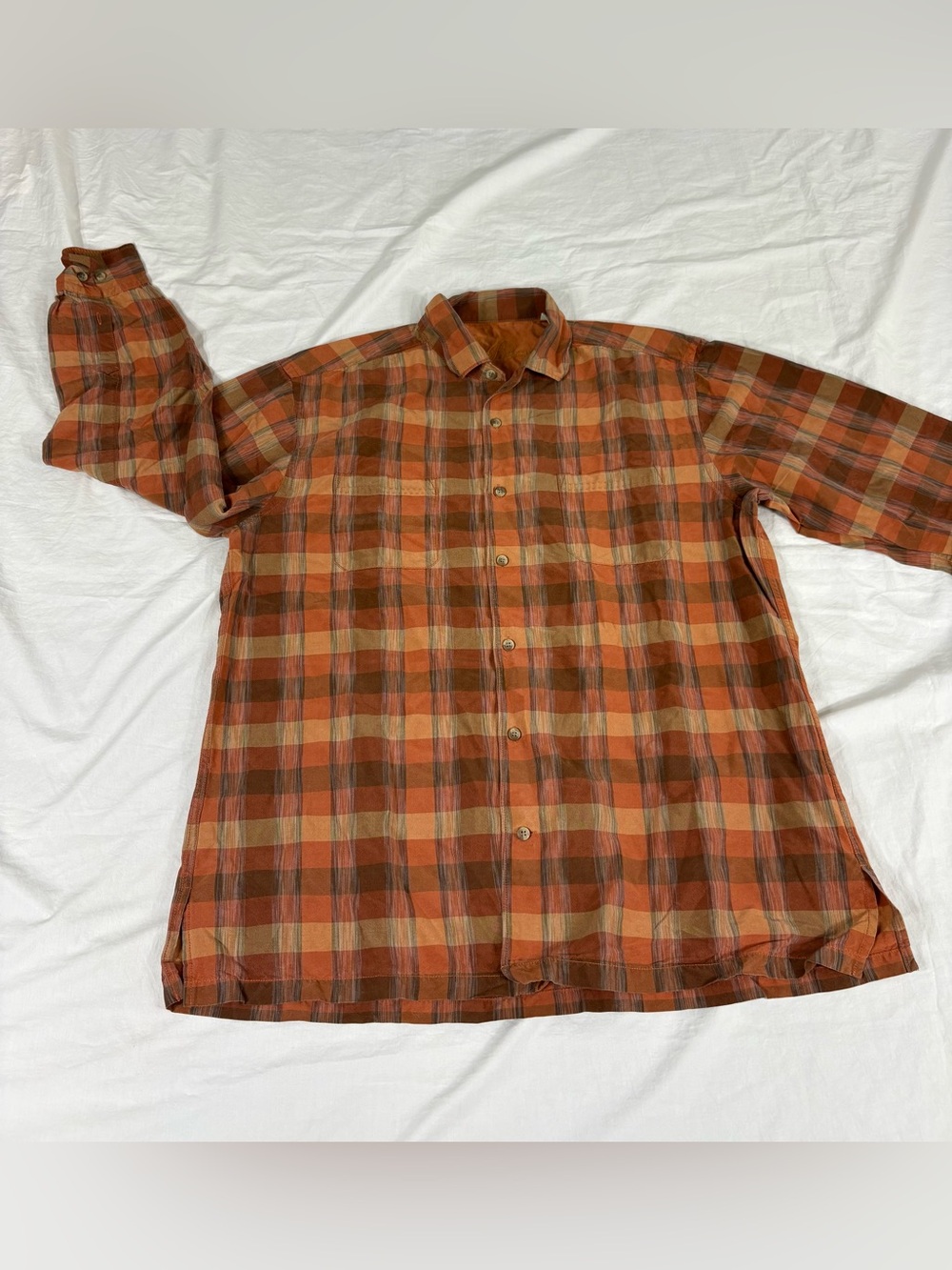 Tommy Bahama Mens Dark Orange Plaid Long Sleeve Button Silk Shirt L